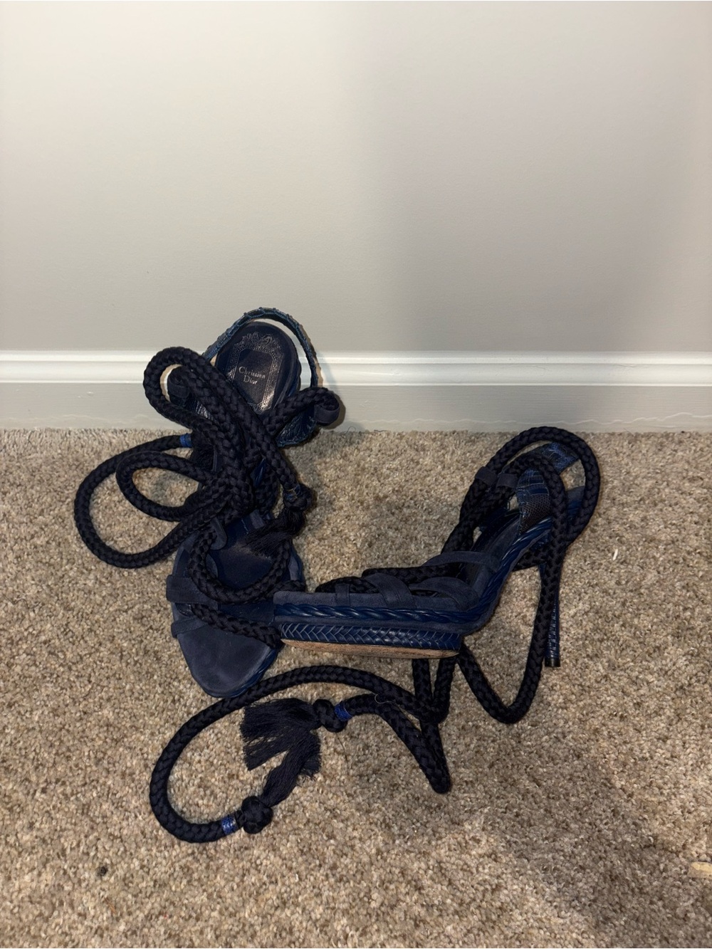 Dior Navy Braided Lace-Up High Heel Sandals - Picture 5 of 6